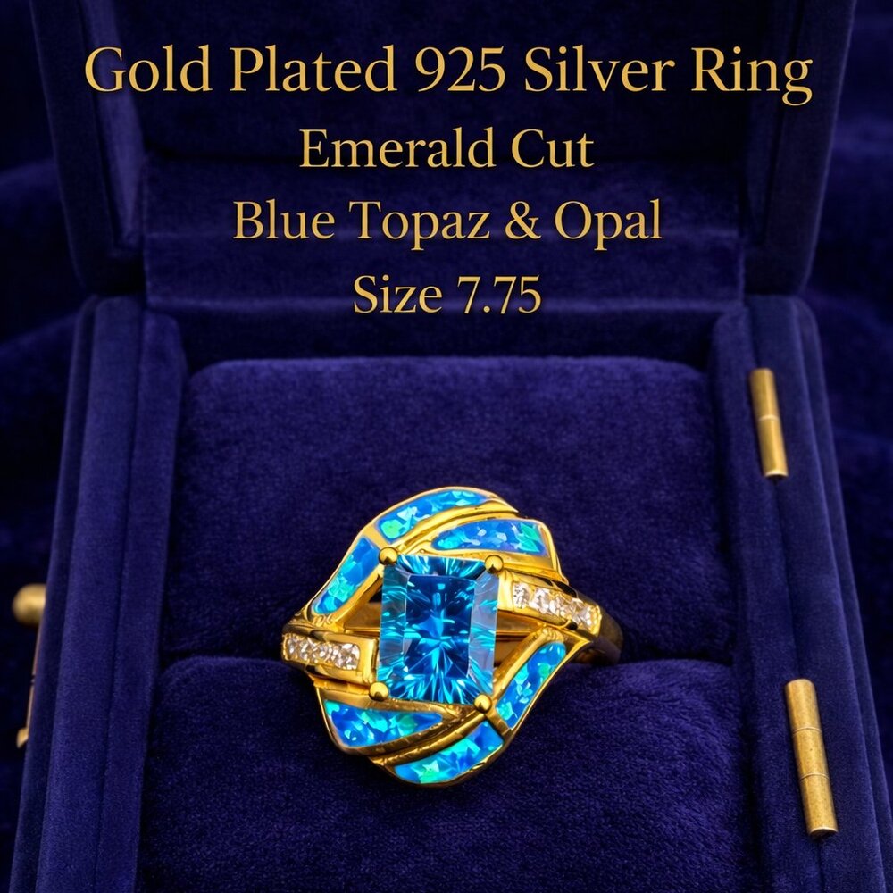 925 Silver Gold Plated Blue Topaz Opal Ring Size 7.75